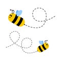 Bee flying characters set. Cute bees with dotted route. Vector cartoon insect Royalty Free Stock Photo